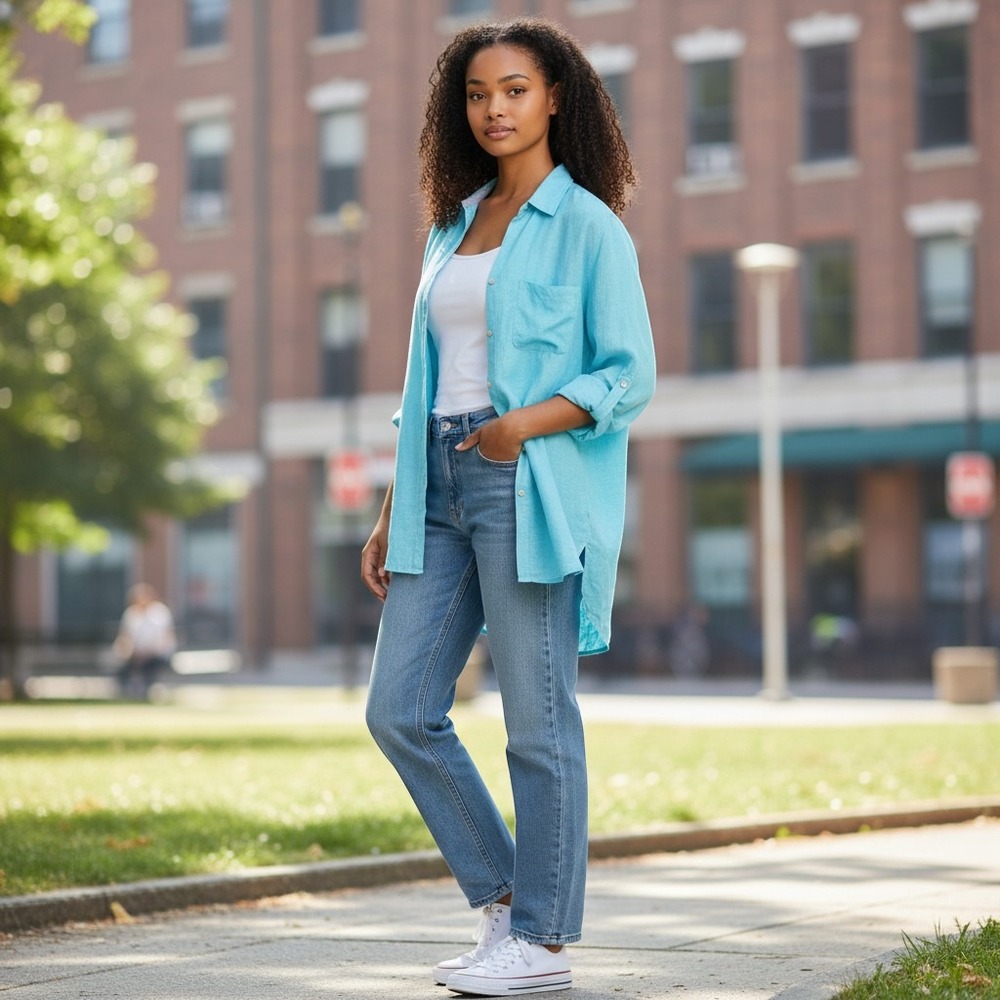 Sigrid Olsen Women Turquoise Blue 100% Linen Button Down Shirt Size M Roll Tab